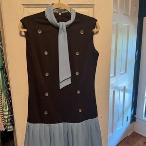 Vintage Brown and Light Blue Sleeveless Dress with Scarf